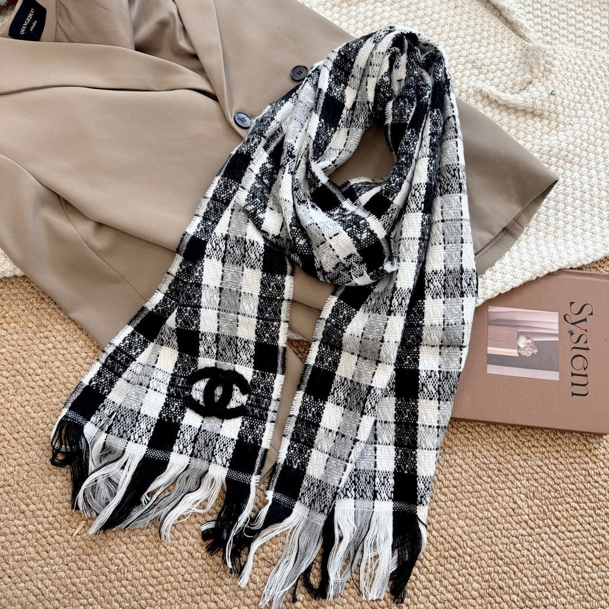 Chanel Black and White Plaid Fringed Scarf product image 3, provided for visual reference and product detail review