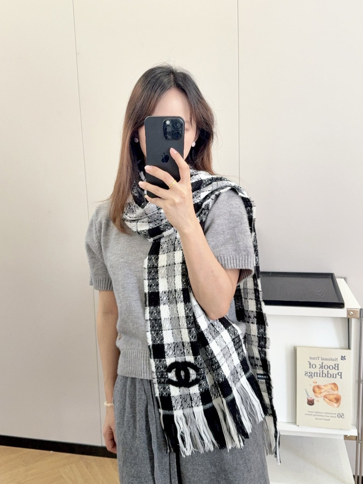 Chanel Black and White Plaid Fringed Scarf product image 8, provided for visual reference and product detail review