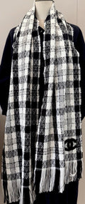 Chanel Black and White Plaid Fringed Scarf product image 1, provided for visual reference and product detail review