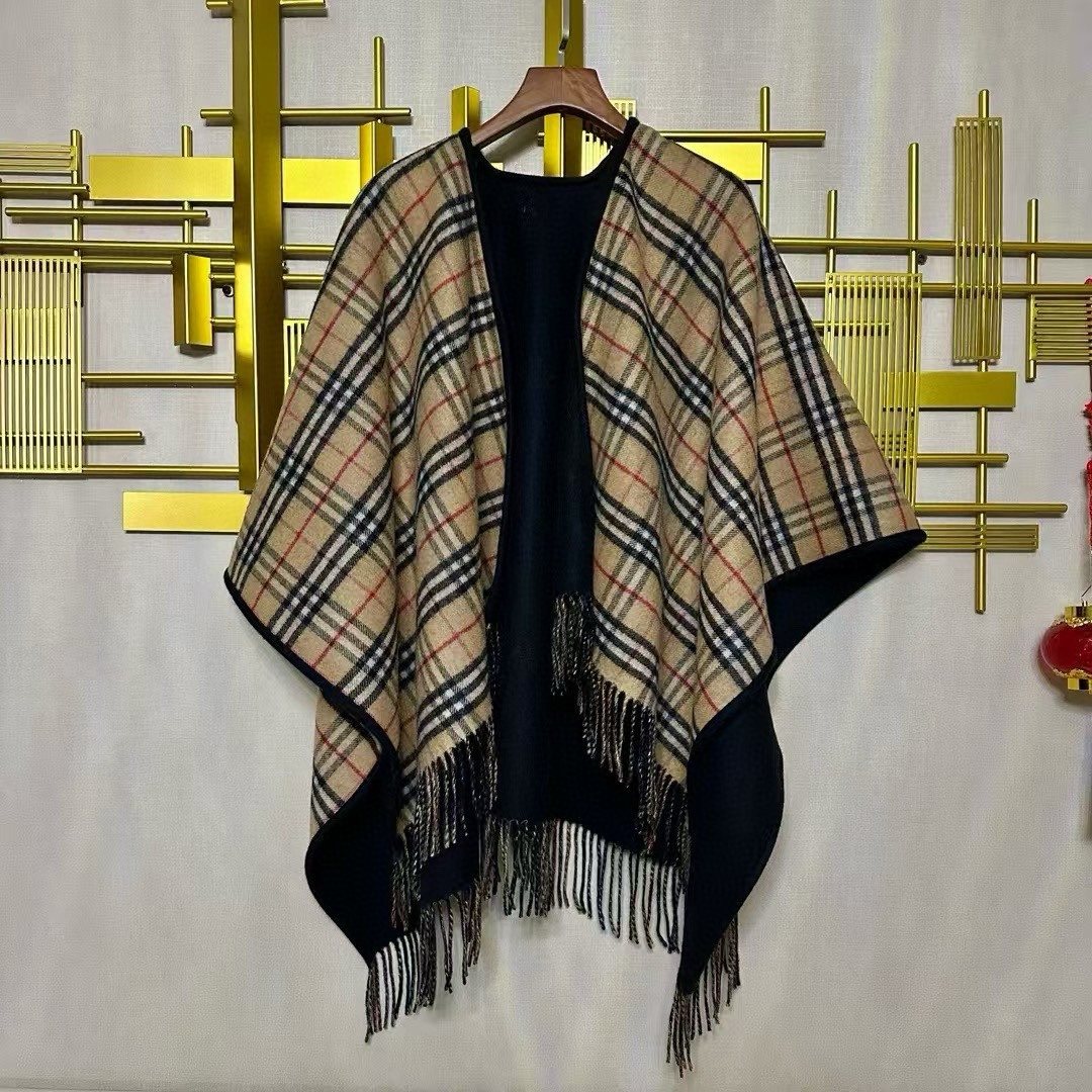 Burberry Reversible Plaid Fringed Poncho Wrap product image 1, provided for visual reference and product detail review