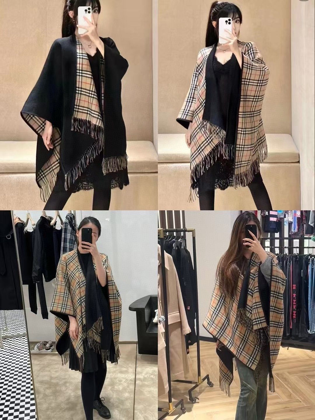 Burberry Reversible Plaid Fringed Poncho Wrap product image 6, provided for visual reference and product detail review
