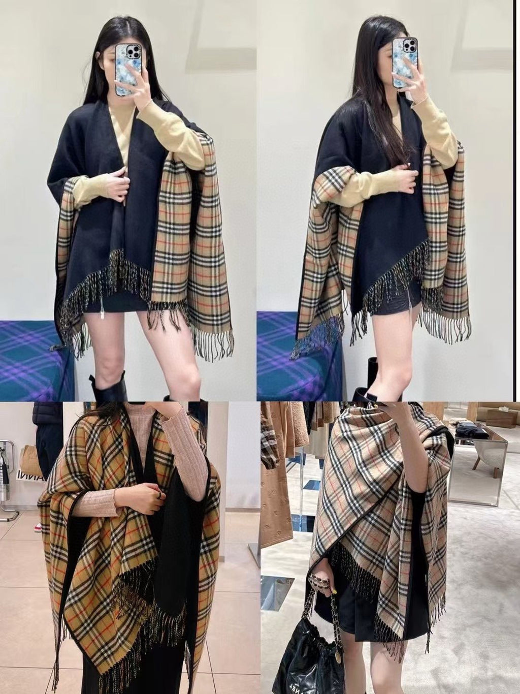 Burberry Reversible Plaid Fringed Poncho Wrap product image 7, provided for visual reference and product detail review