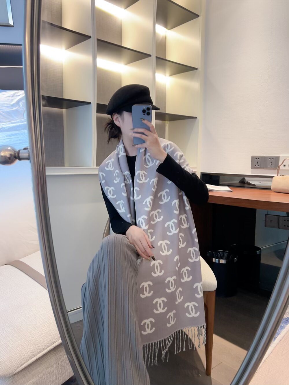 Chanel Interlocking Motif Fringed Scarf product image 4, provided for visual reference and product detail review