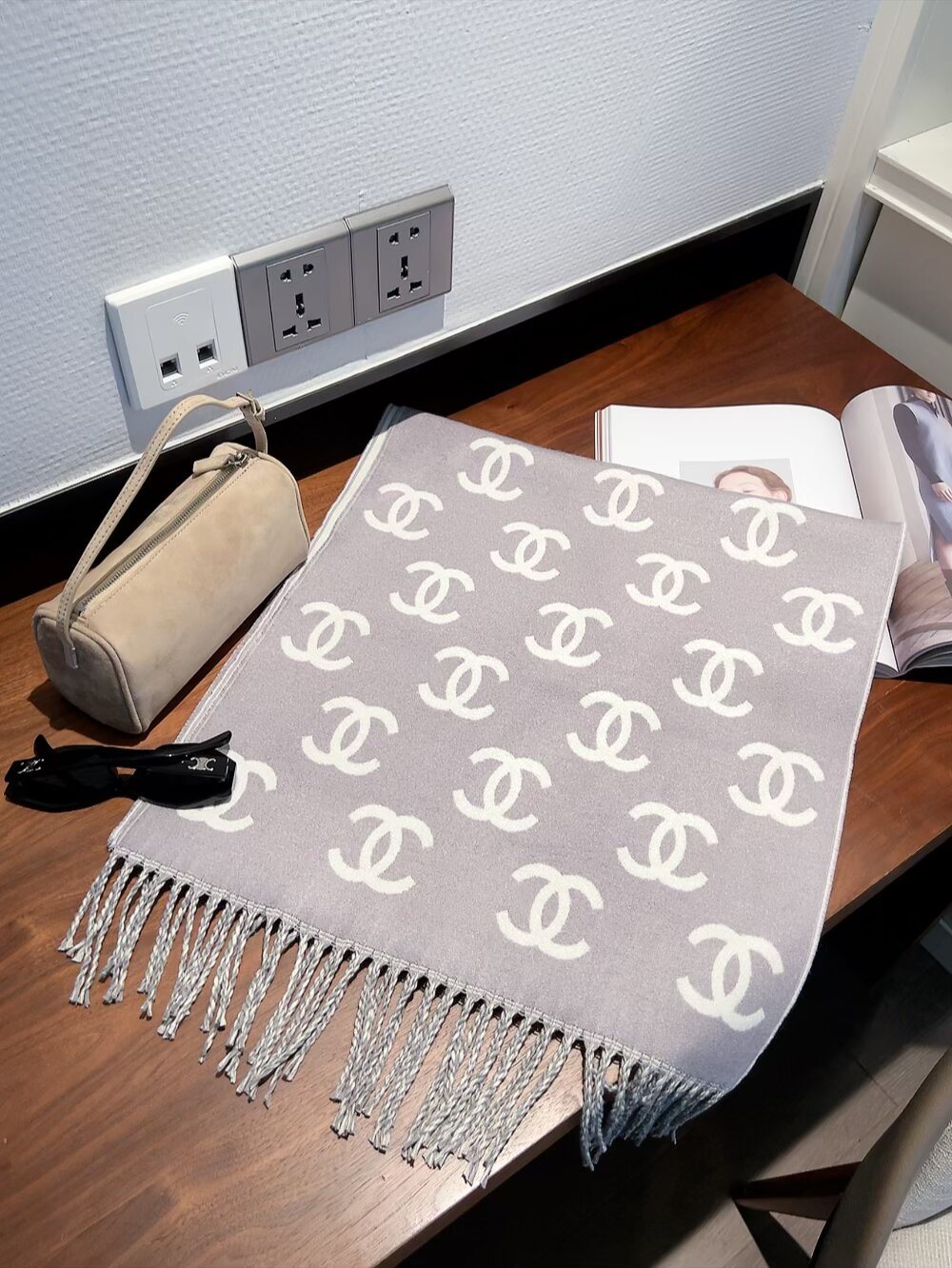 Chanel Interlocking Motif Fringed Scarf product image 6, provided for visual reference and product detail review