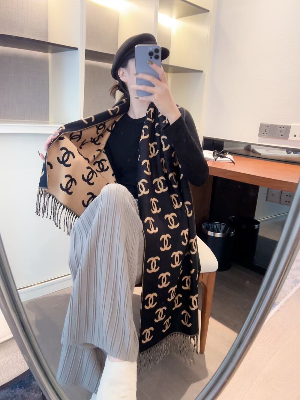 Chanel Interlocking Motif Fringed Scarf product image 5, provided for visual reference and product detail review