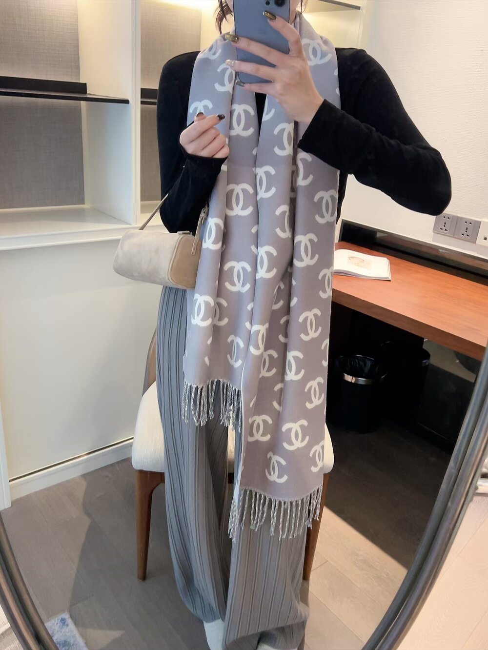 Chanel Interlocking Motif Fringed Scarf product image 2, provided for visual reference and product detail review