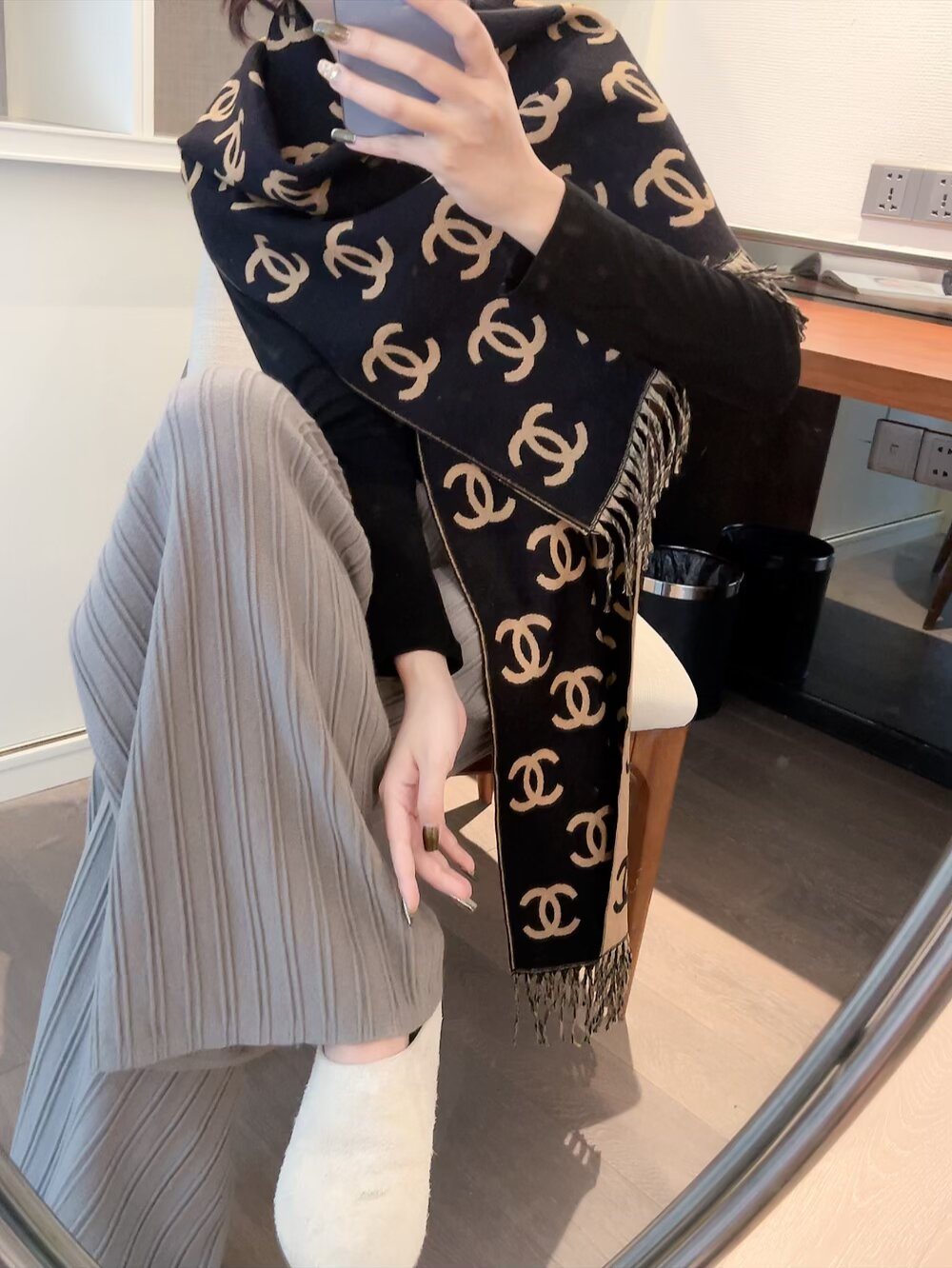 Chanel Interlocking Motif Fringed Scarf product image 3, provided for visual reference and product detail review