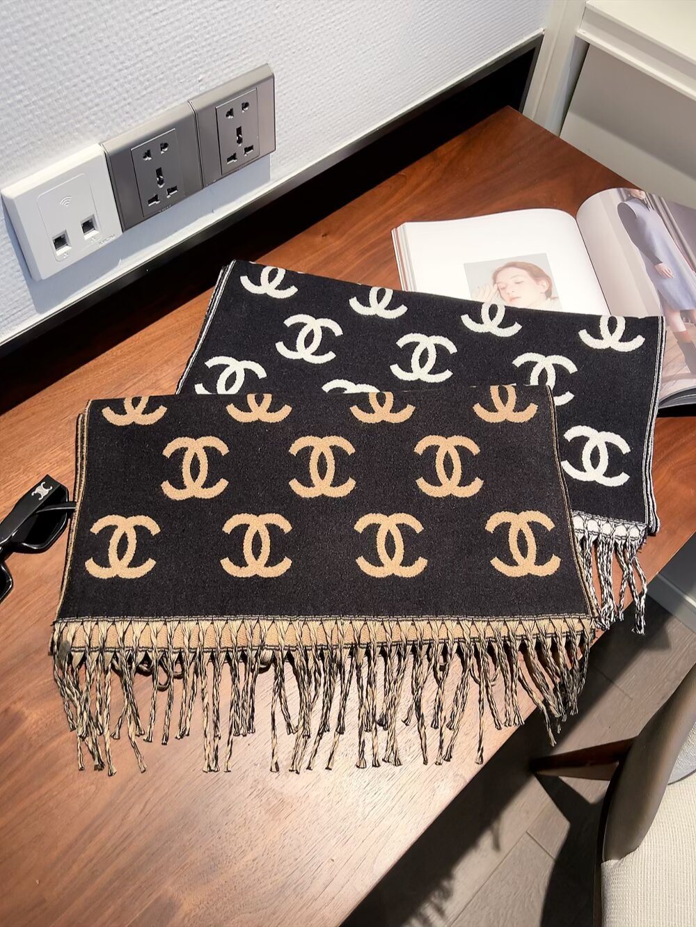 Chanel Interlocking Motif Fringed Scarf product image 7, provided for visual reference and product detail review