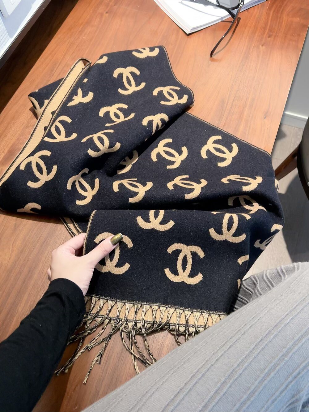 Chanel Interlocking Motif Fringed Scarf product image 1, provided for visual reference and product detail review