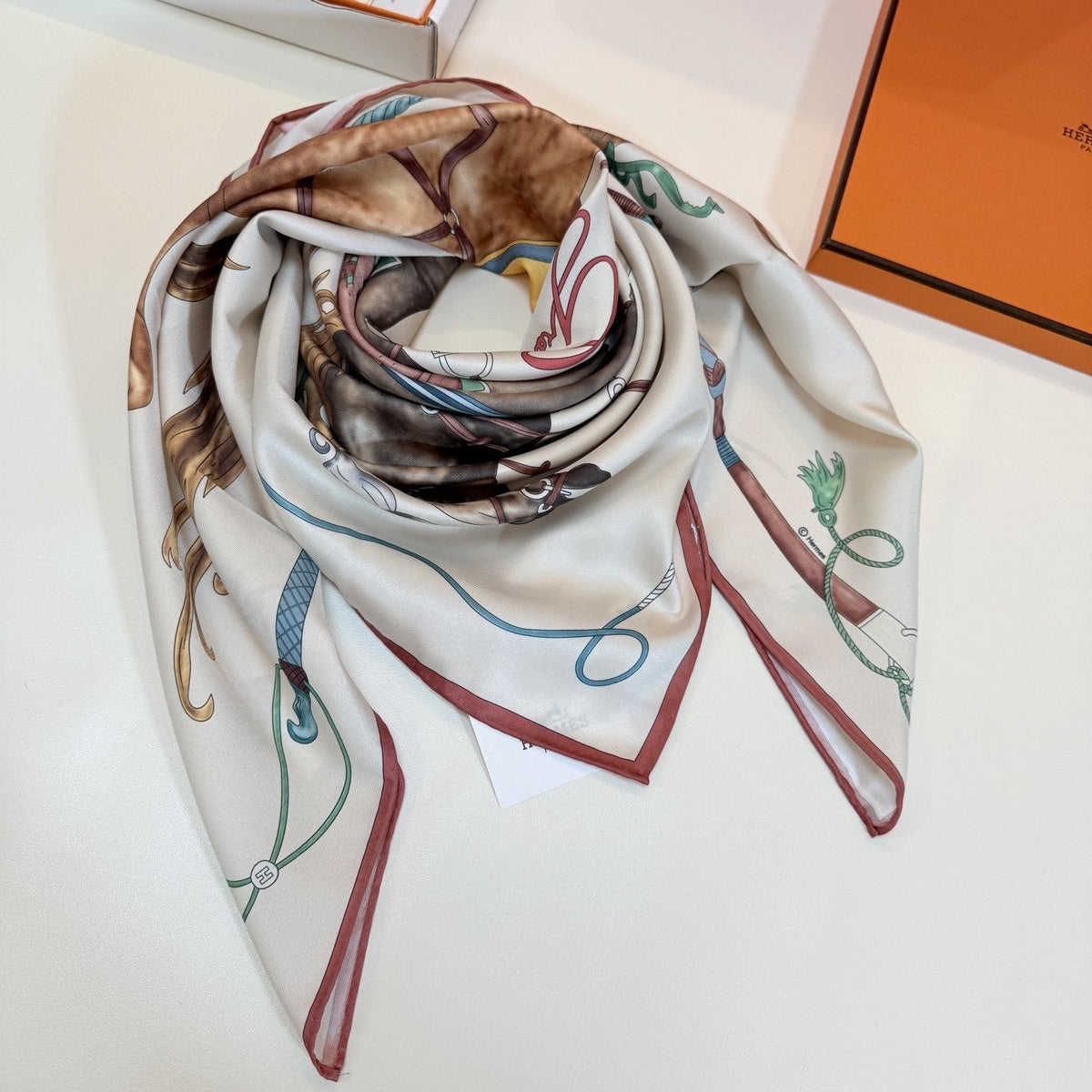 Hermès Cream Equestrian Silk Square Scarf product image 9, provided for visual reference and product detail review