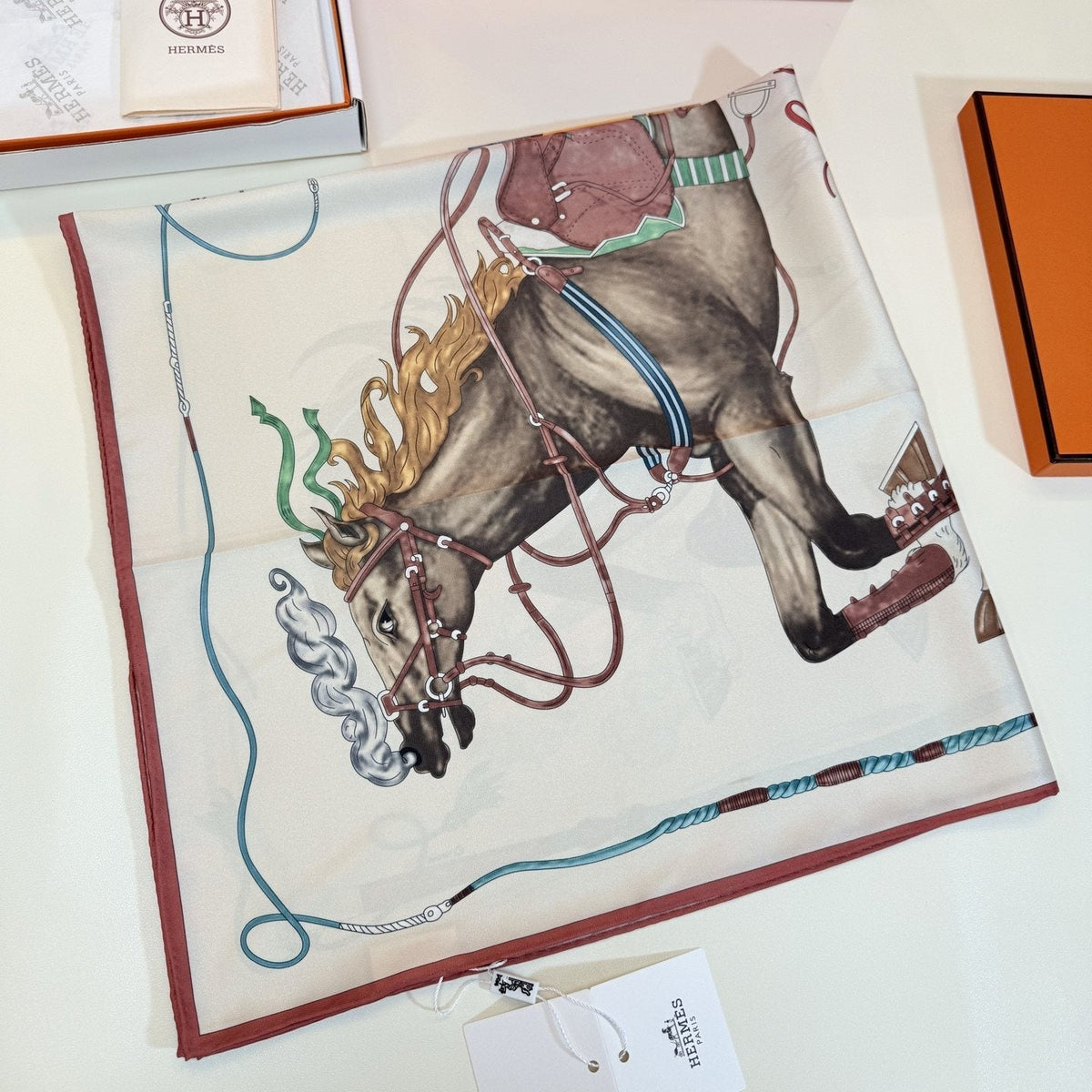 Hermès Cream Equestrian Silk Square Scarf product image 4, provided for visual reference and product detail review