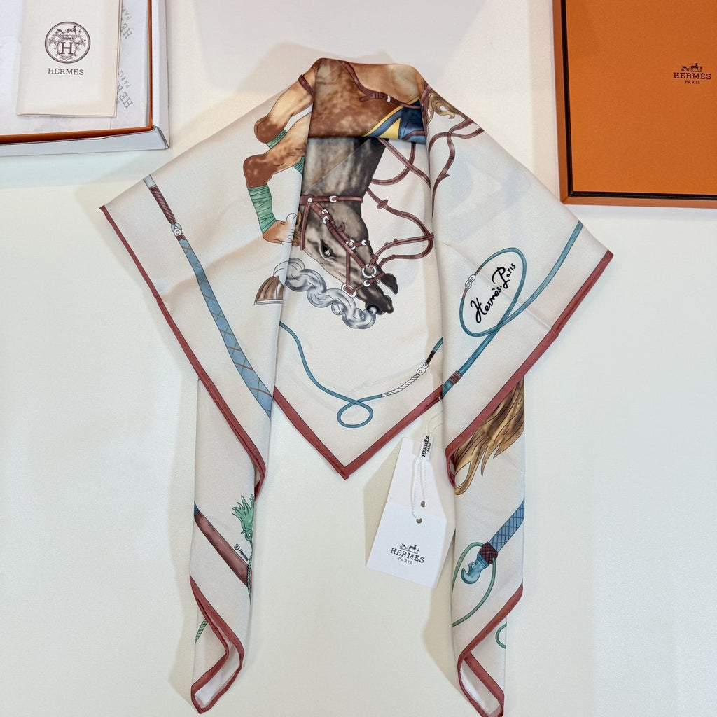 Hermès Cream Equestrian Silk Square Scarf product image 7, provided for visual reference and product detail review