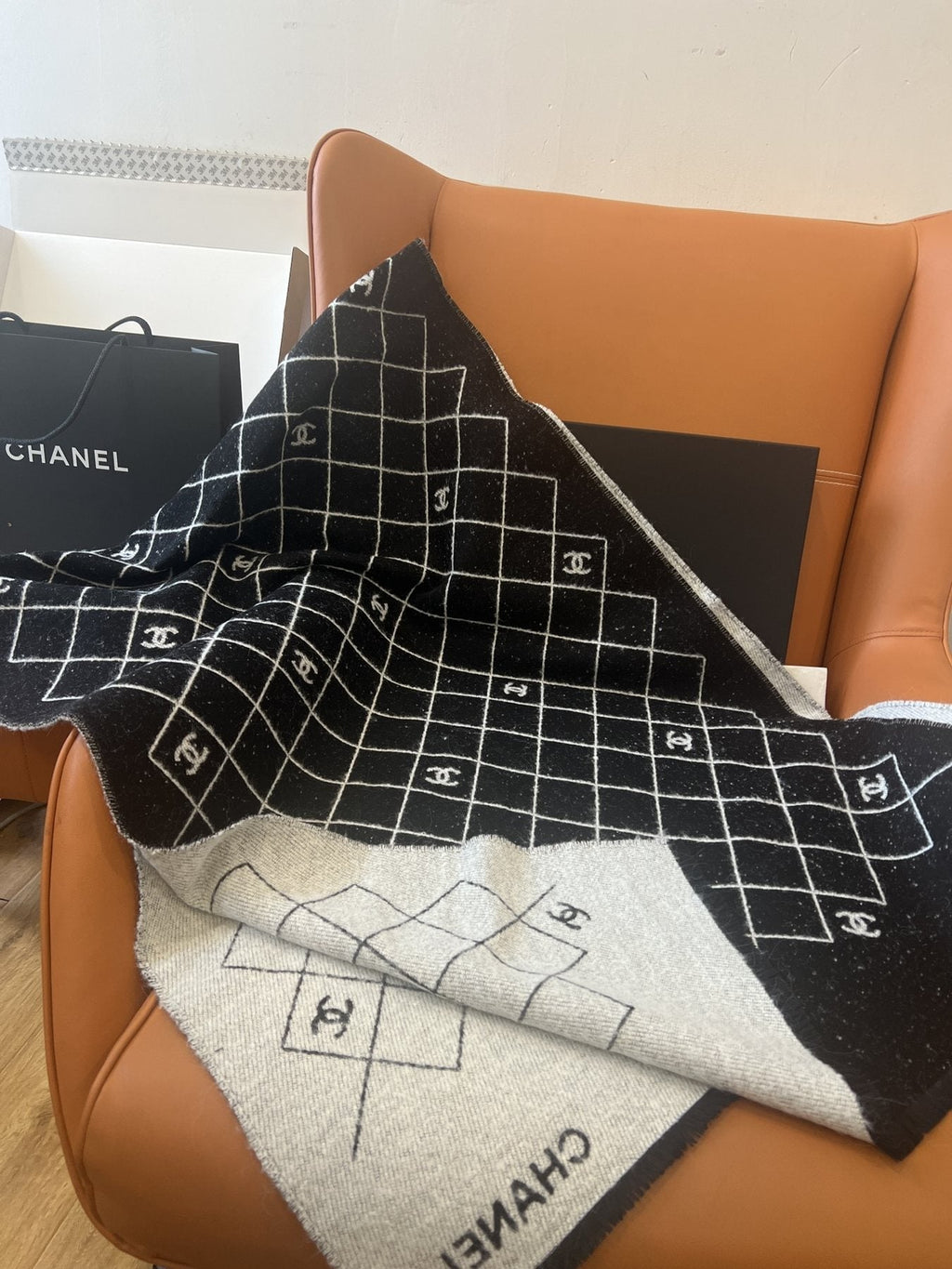Chanel Black and Ivory Grid Shawl Scarf product image 9, provided for visual reference and product detail review