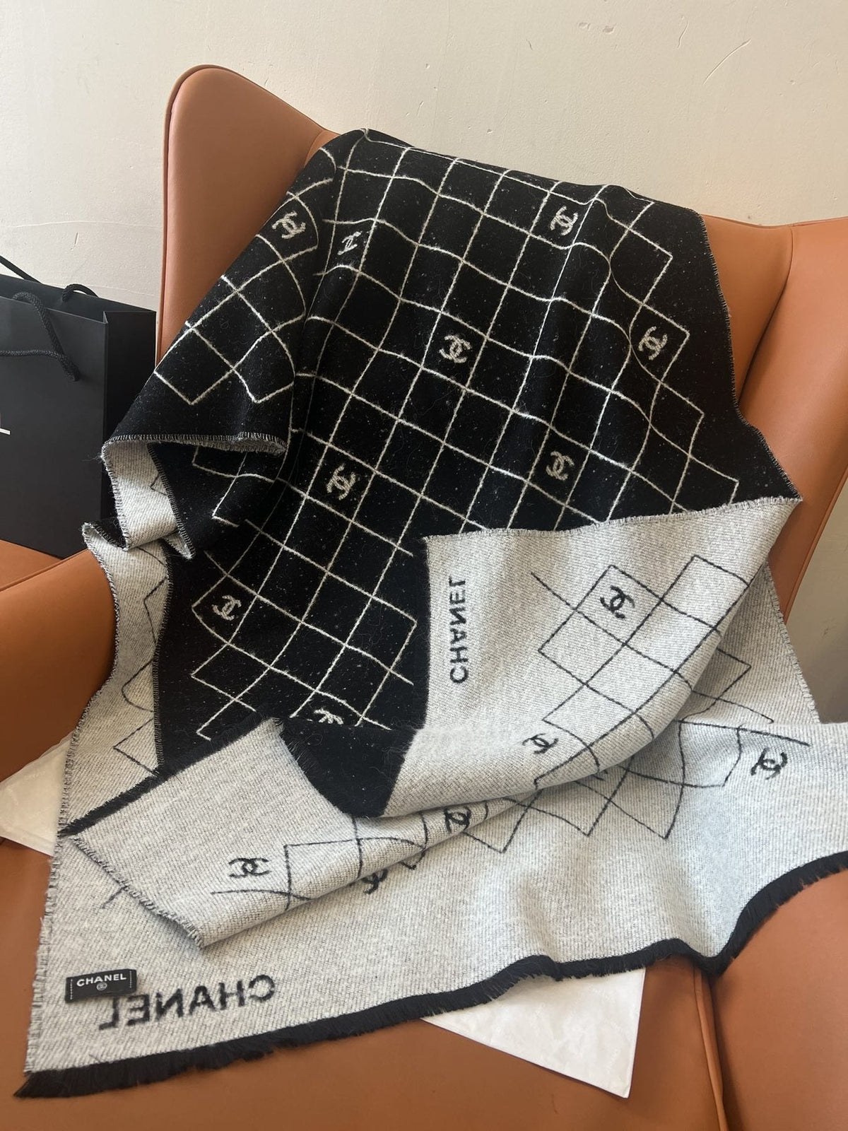 Chanel Black and Ivory Grid Shawl Scarf product image 3, provided for visual reference and product detail review