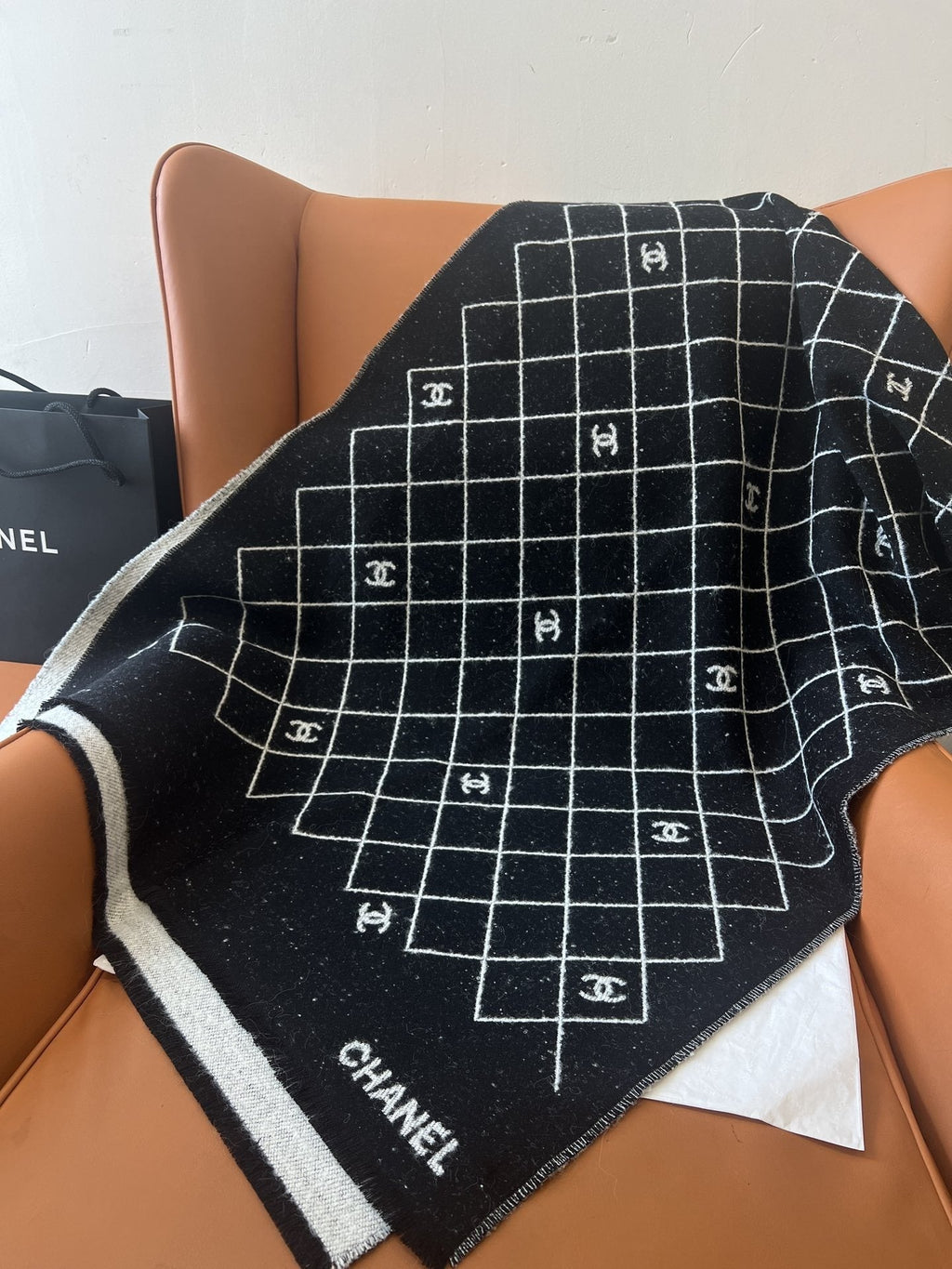 Chanel Black and Ivory Grid Shawl Scarf product image 1, provided for visual reference and product detail review