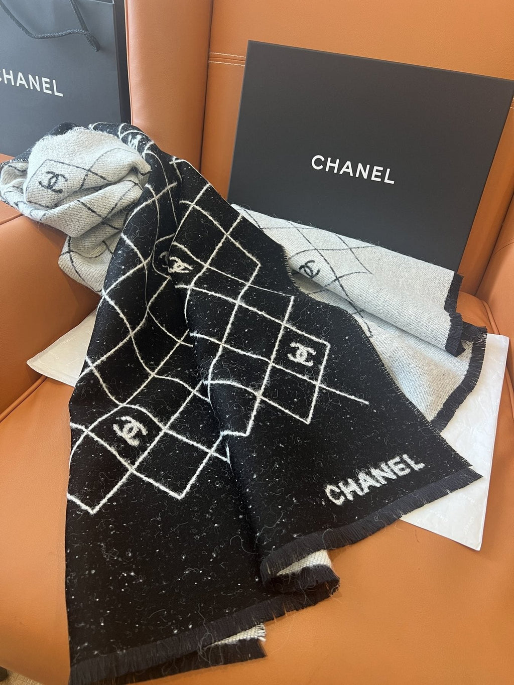 Chanel Black and Ivory Grid Shawl Scarf product image 7, provided for visual reference and product detail review