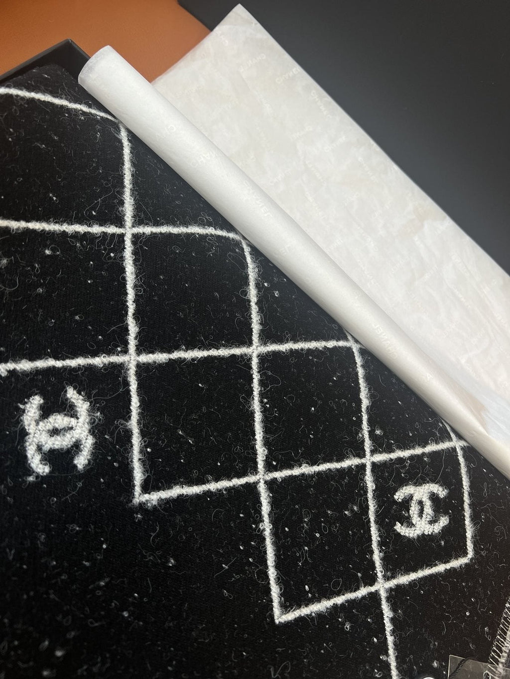 Chanel Black and Ivory Grid Shawl Scarf product image 6, provided for visual reference and product detail review