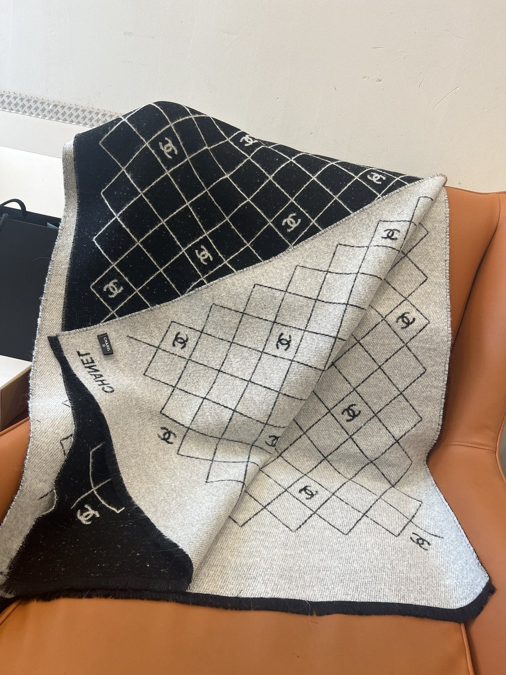 Chanel Black & Ivory Grid Shawl product image 2, provided for visual reference and product detail review