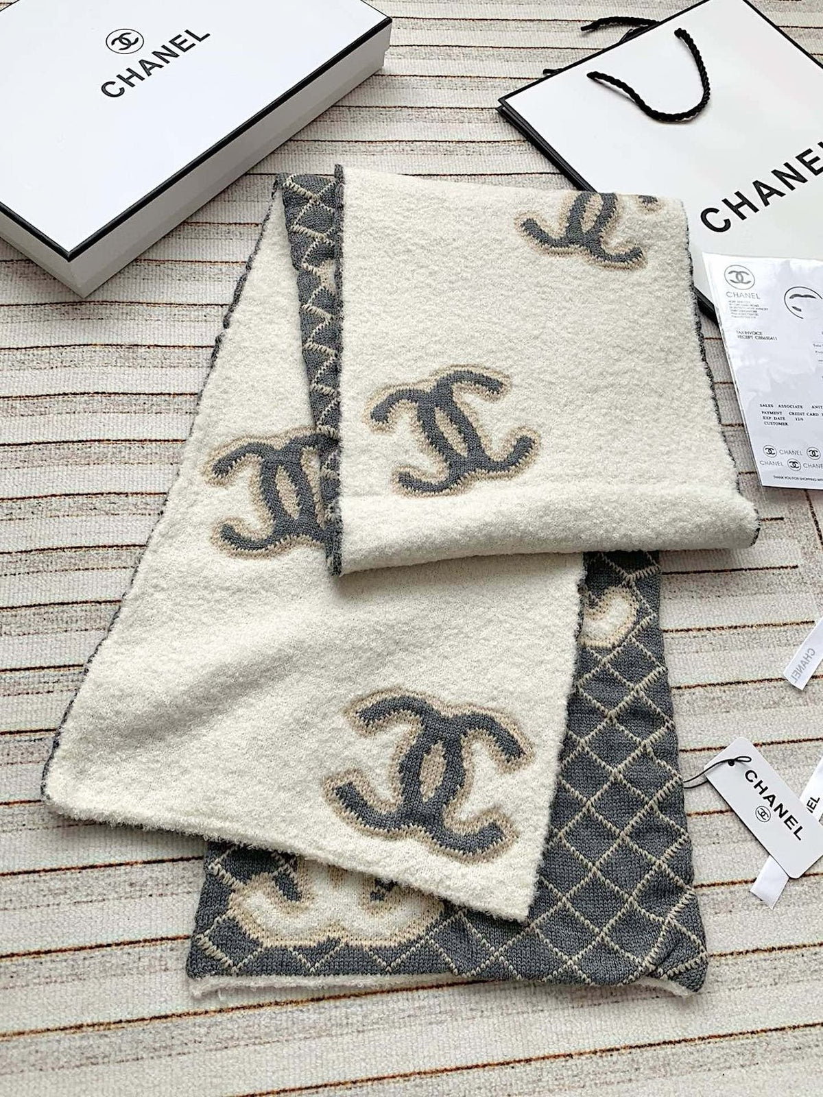 Chanel Gray & Ivory Diamond-Pattern Scarf product image 4, provided for visual reference and product detail review