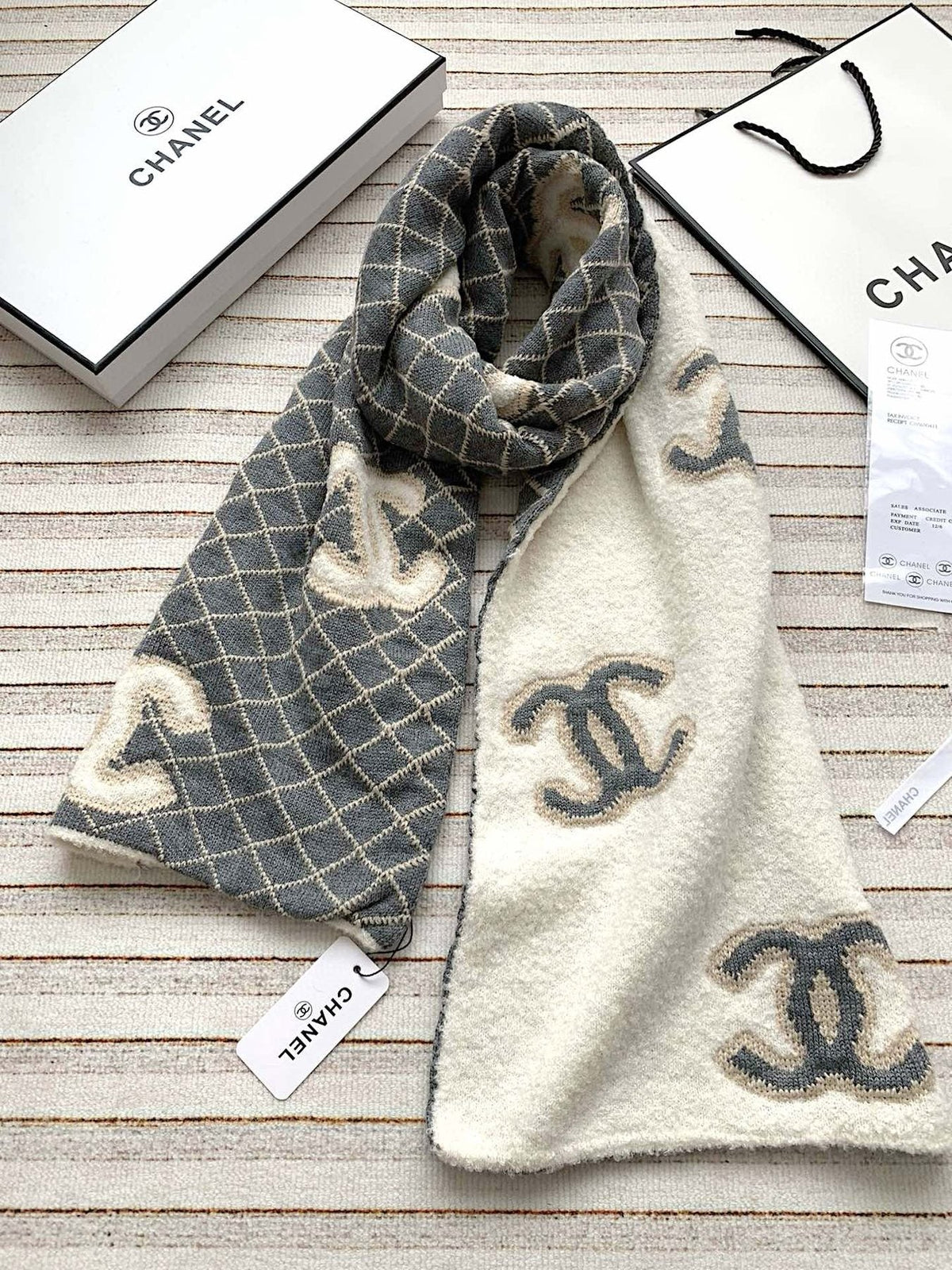 Chanel Gray & Ivory Diamond-Pattern Scarf product image 5, provided for visual reference and product detail review