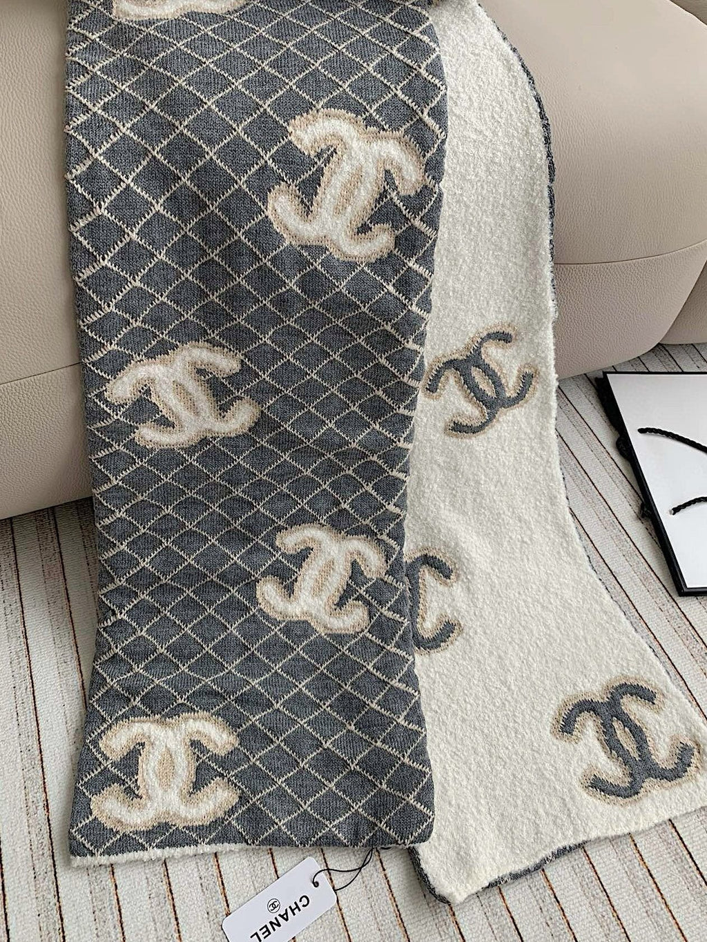 Chanel Gray & Ivory Diamond-Pattern Scarf product image 1, provided for visual reference and product detail review