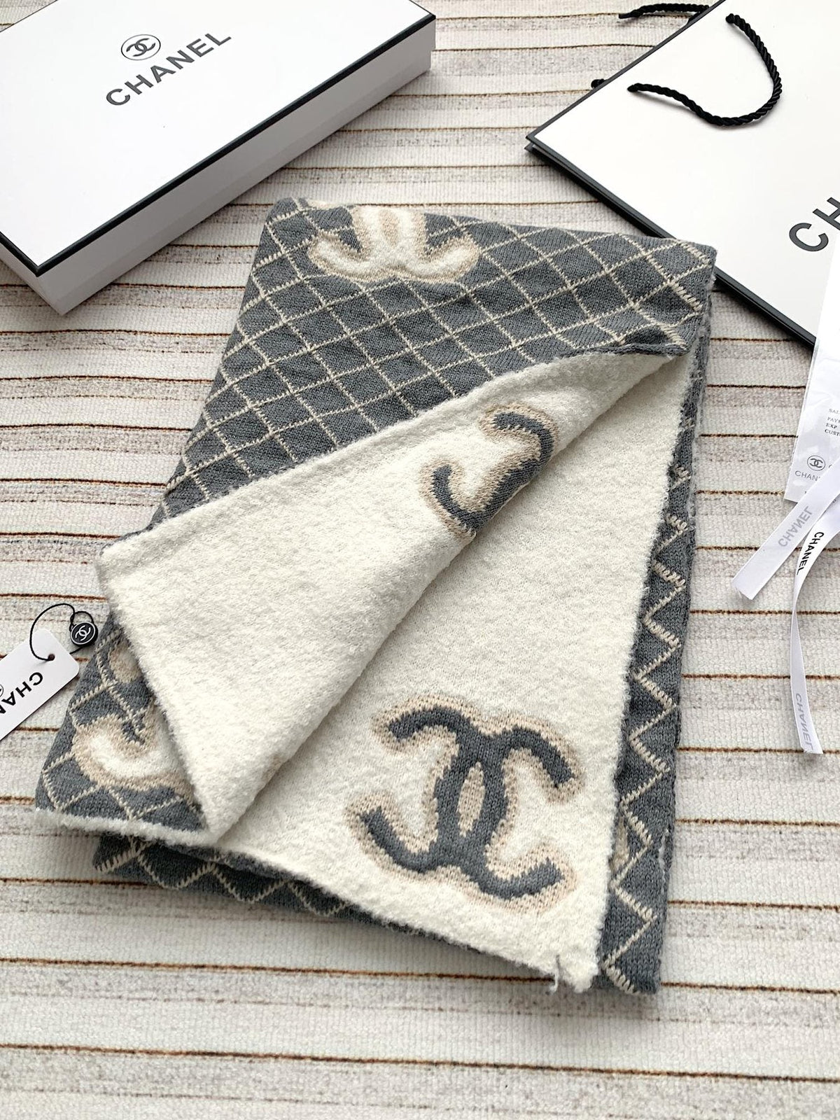 Chanel Gray & Ivory Diamond-Pattern Scarf product image 3, provided for visual reference and product detail review