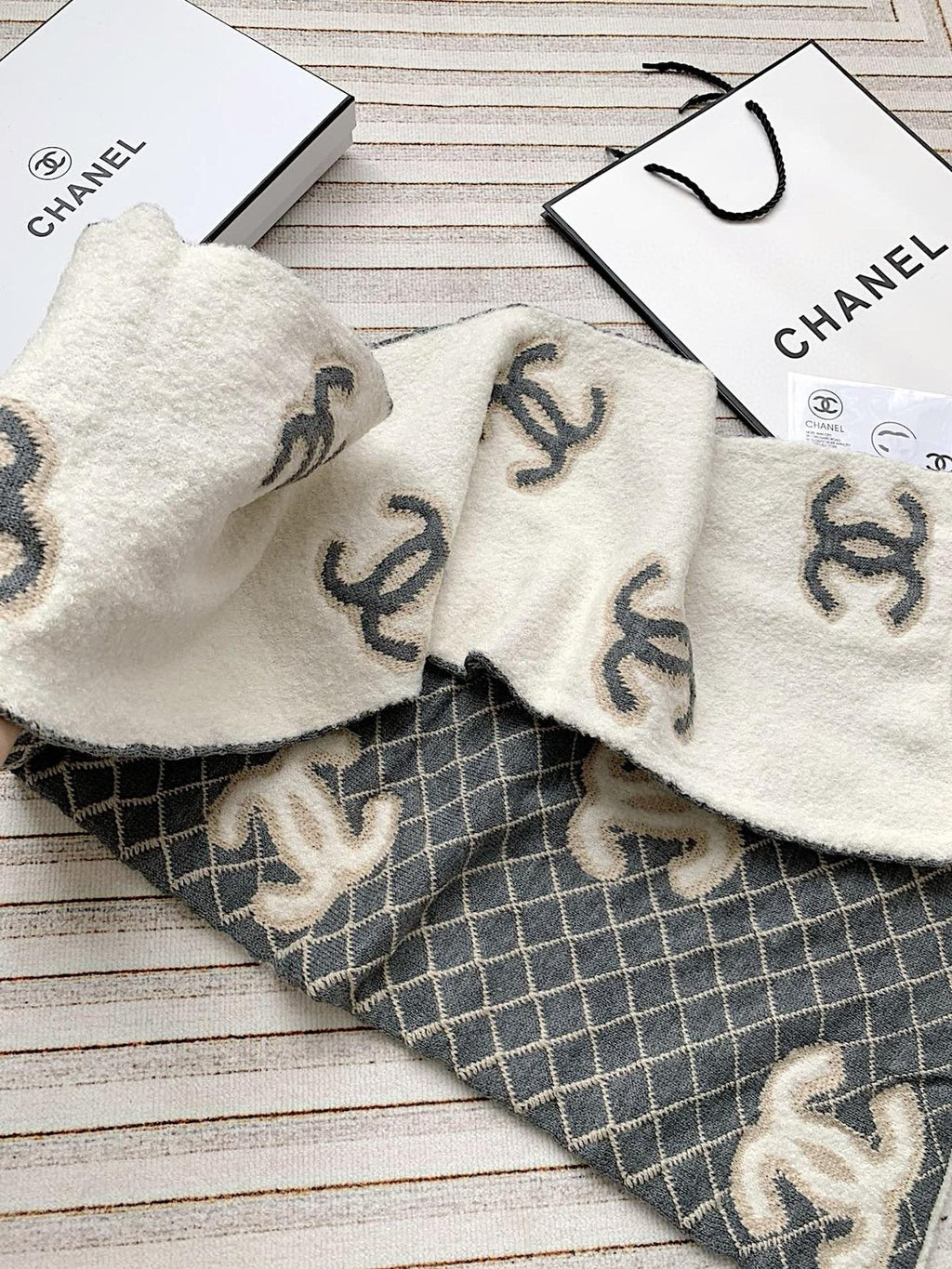 Chanel Gray & Ivory Diamond-Pattern Scarf product image 7, provided for visual reference and product detail review