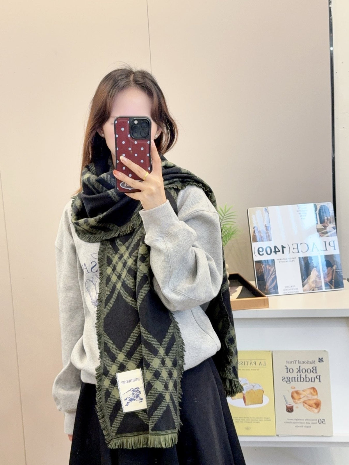 Burberry Black and Olive Plaid Scarf - 200 x 65 cm product image 6, provided for visual reference and product detail review