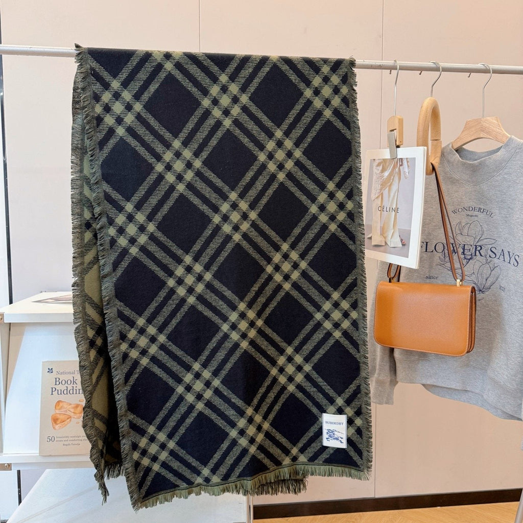 Burberry Black and Olive Plaid Scarf - 200 x 65 cm product image 2, provided for visual reference and product detail review