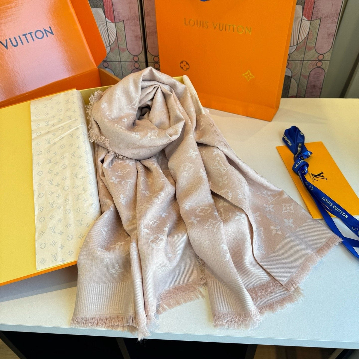 Louis Vuitton Blush Pink Fringed Scarf product image 4, provided for visual reference and product detail review