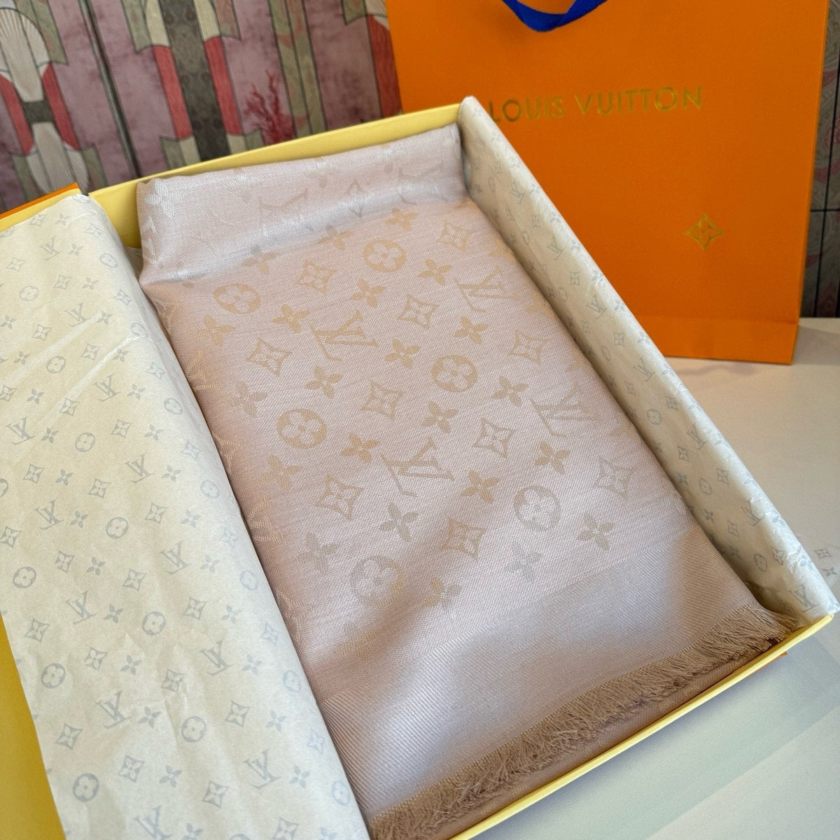 Louis Vuitton Blush Pink Fringed Scarf product image 6, provided for visual reference and product detail review