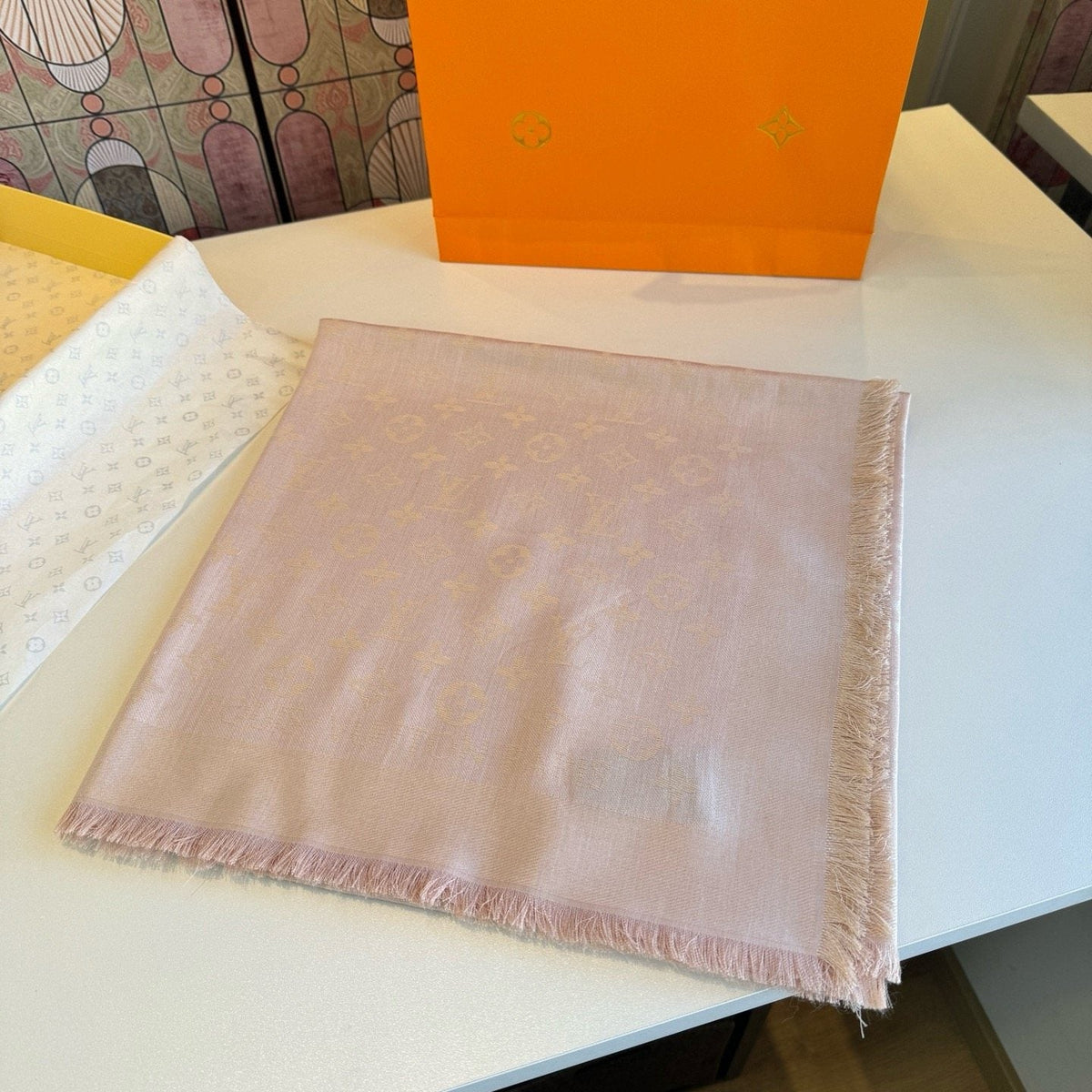 Louis Vuitton Blush Pink Fringed Scarf product image 2, provided for visual reference and product detail review