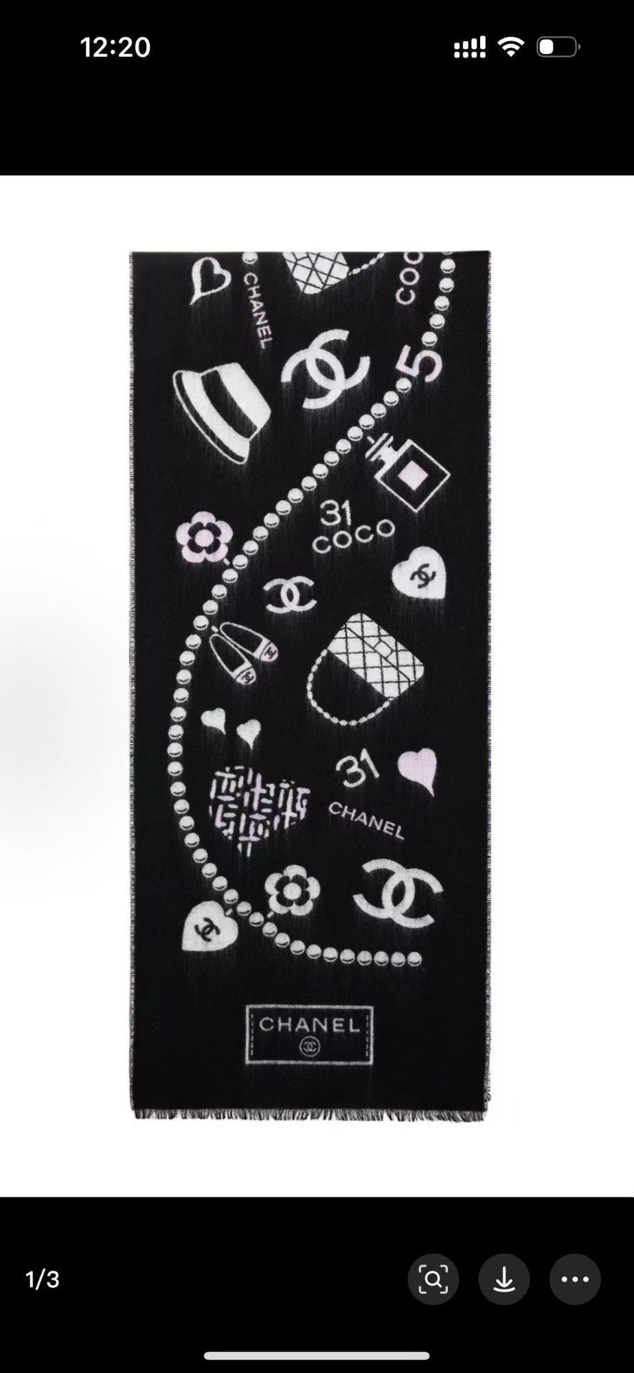 Chanel Black & White Printed Scarf product image 1, provided for visual reference and product detail review
