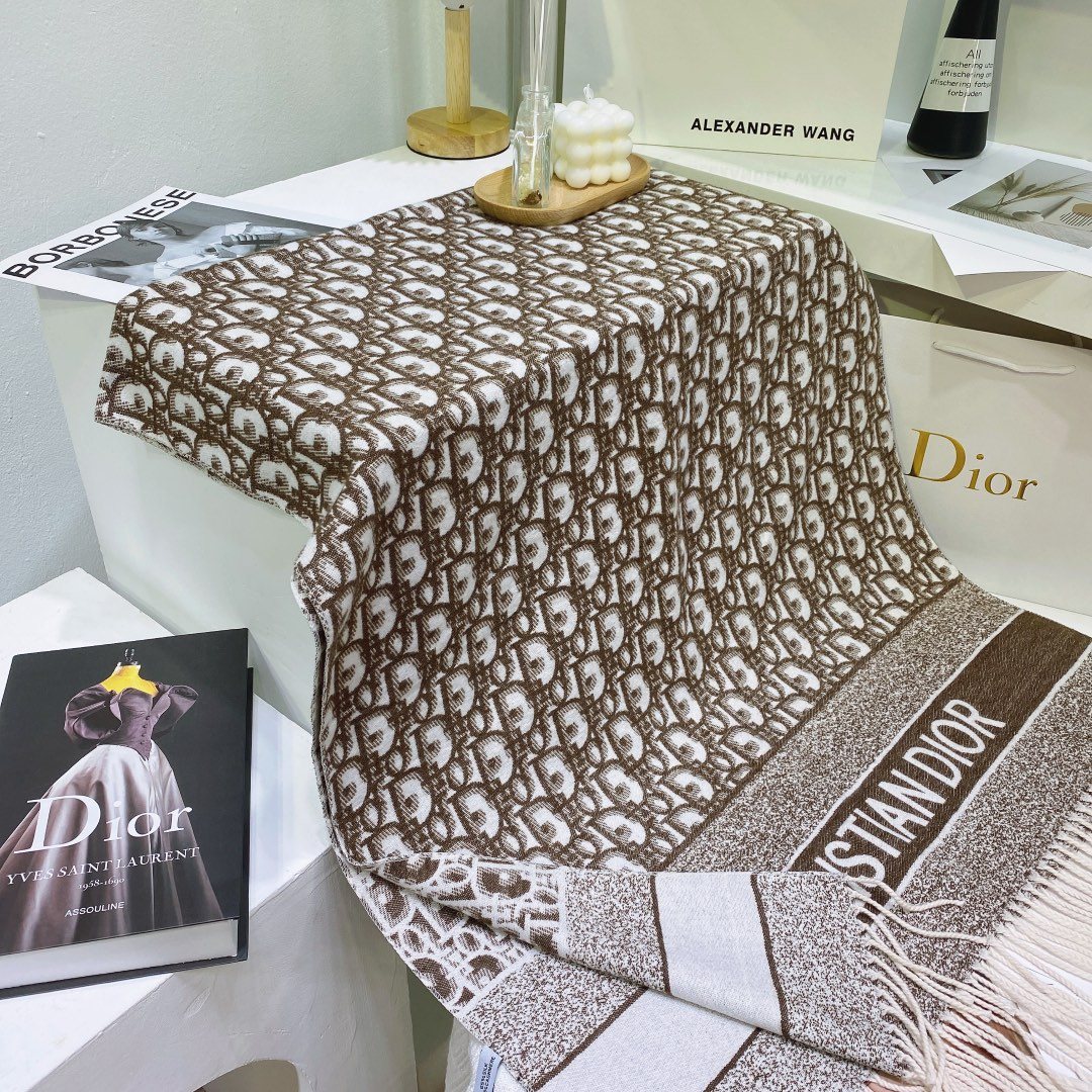 Dior Brown & Ivory Fringed Scarf product image 3, provided for visual reference and product detail review