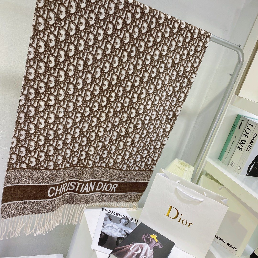 Dior Brown & Ivory Fringed Scarf product image 1, provided for visual reference and product detail review