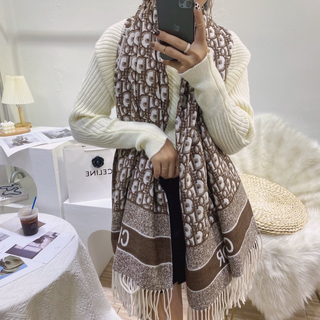Dior Brown & Ivory Fringed Scarf product image 4, provided for visual reference and product detail review