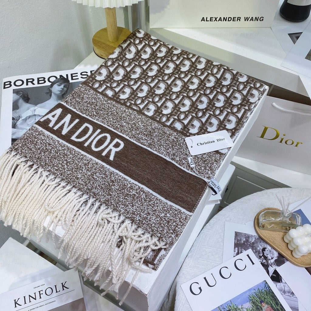 Dior Brown & Ivory Fringed Scarf product image 2, provided for visual reference and product detail review