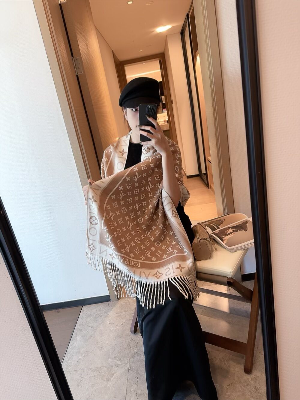 Louis Vuitton Monogram Wool Scarf with Logo Border product image 4, provided for visual reference and product detail review