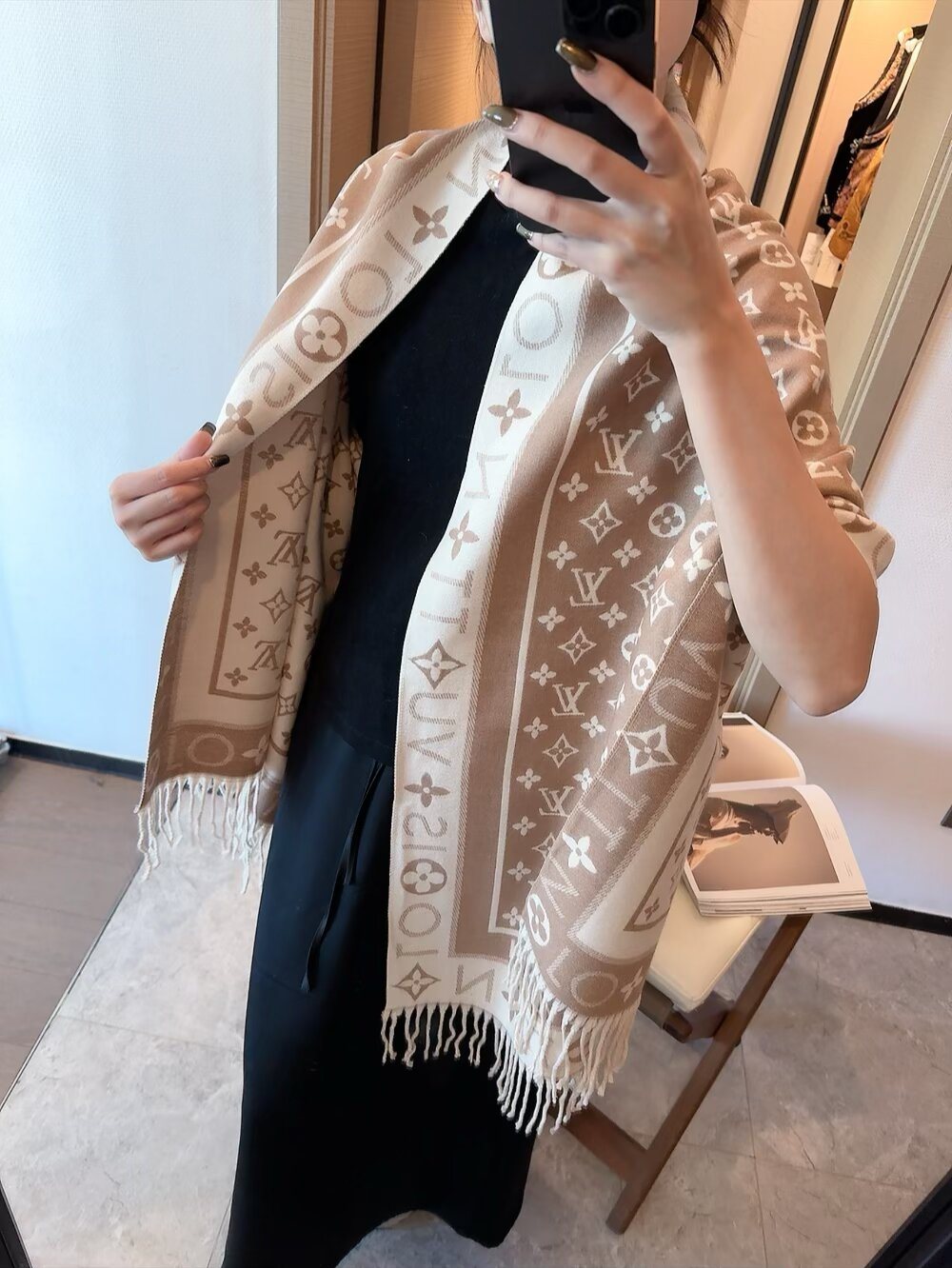 Louis Vuitton Monogram Wool Scarf with Logo Border product image 2, provided for visual reference and product detail review
