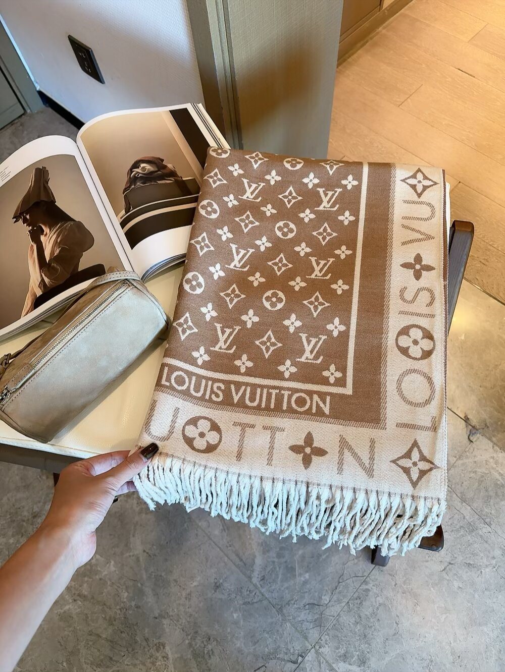 Louis Vuitton Monogram Wool Scarf with Logo Border product image 1, provided for visual reference and product detail review
