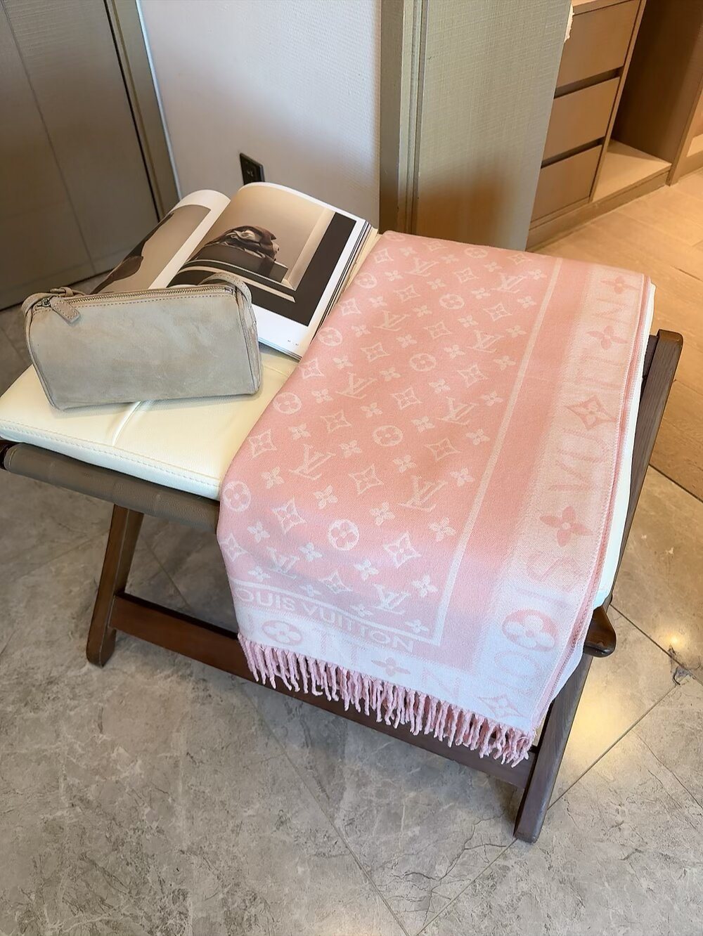 Louis Vuitton Monogram Wool Scarf with Logo Border product image 6, provided for visual reference and product detail review