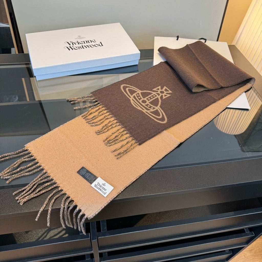 Vivienne Westwood Brown and Tan Orb Jacquard Scarf product image 1, provided for visual reference and product detail review