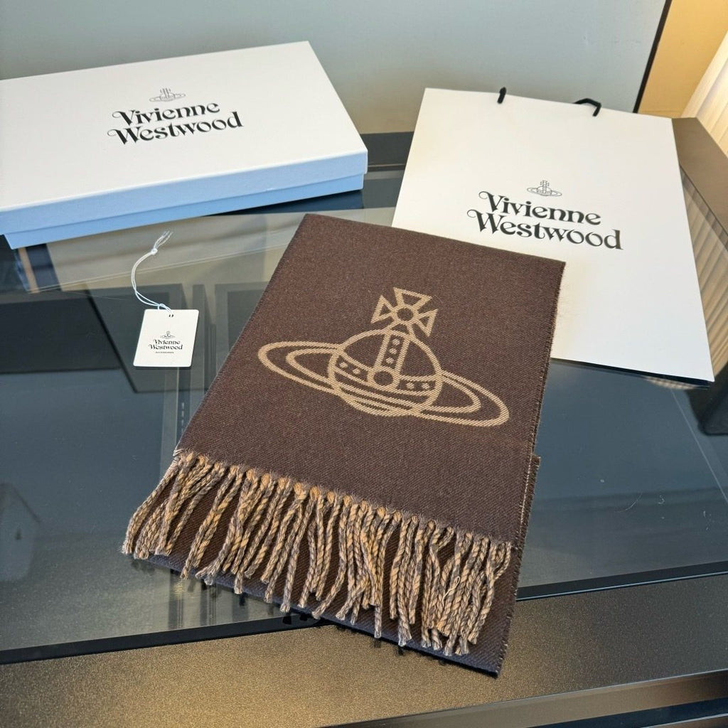 Vivienne Westwood Brown and Tan Orb Jacquard Scarf product image 2, provided for visual reference and product detail review