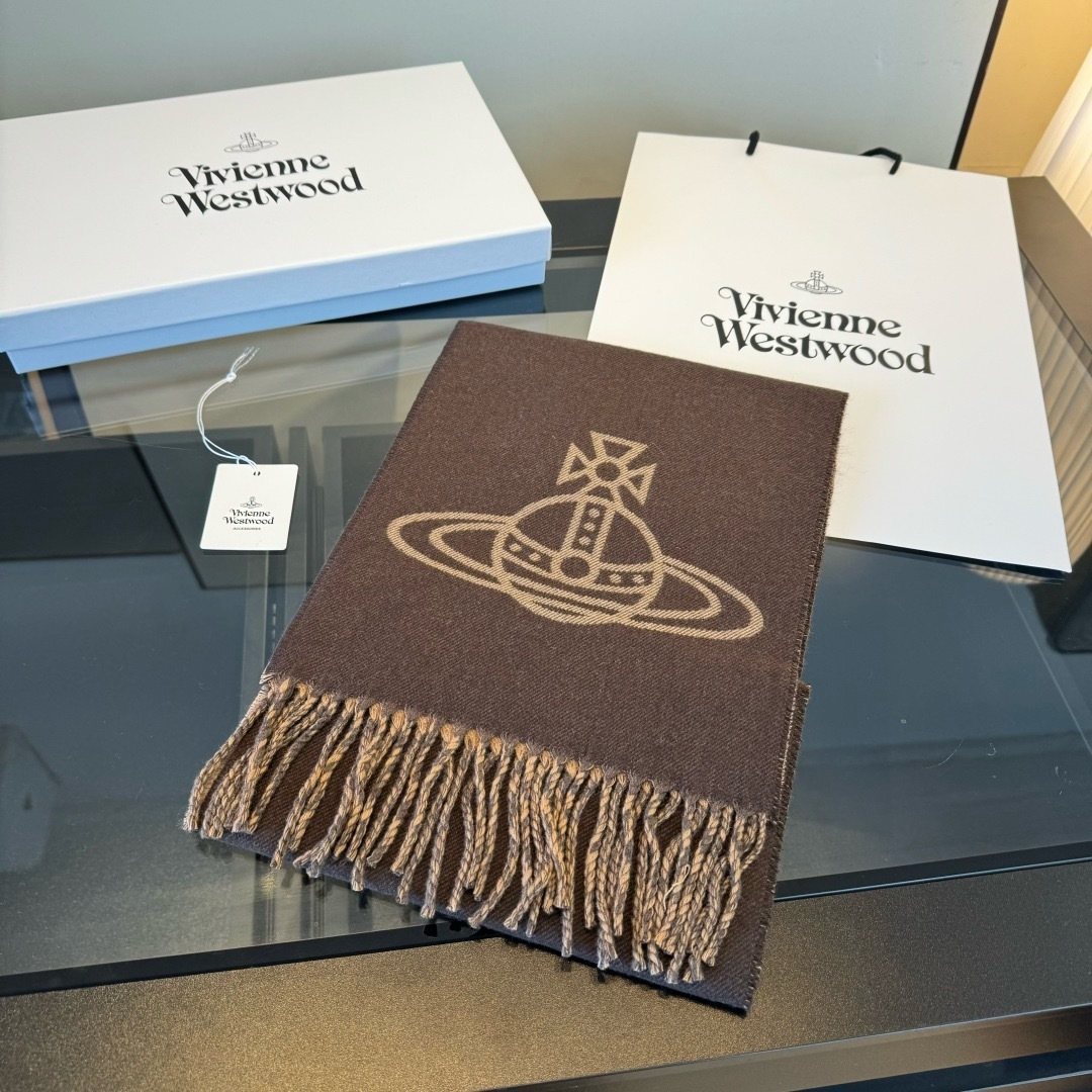 Vivienne Westwood Brown and Tan Orb Jacquard Scarf product image 2, provided for visual reference and product detail review