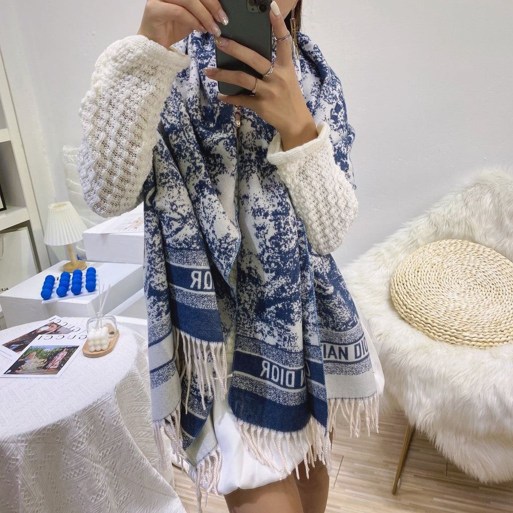 Dior Blue & White Toile Fringed Scarf product image 2, provided for visual reference and product detail review