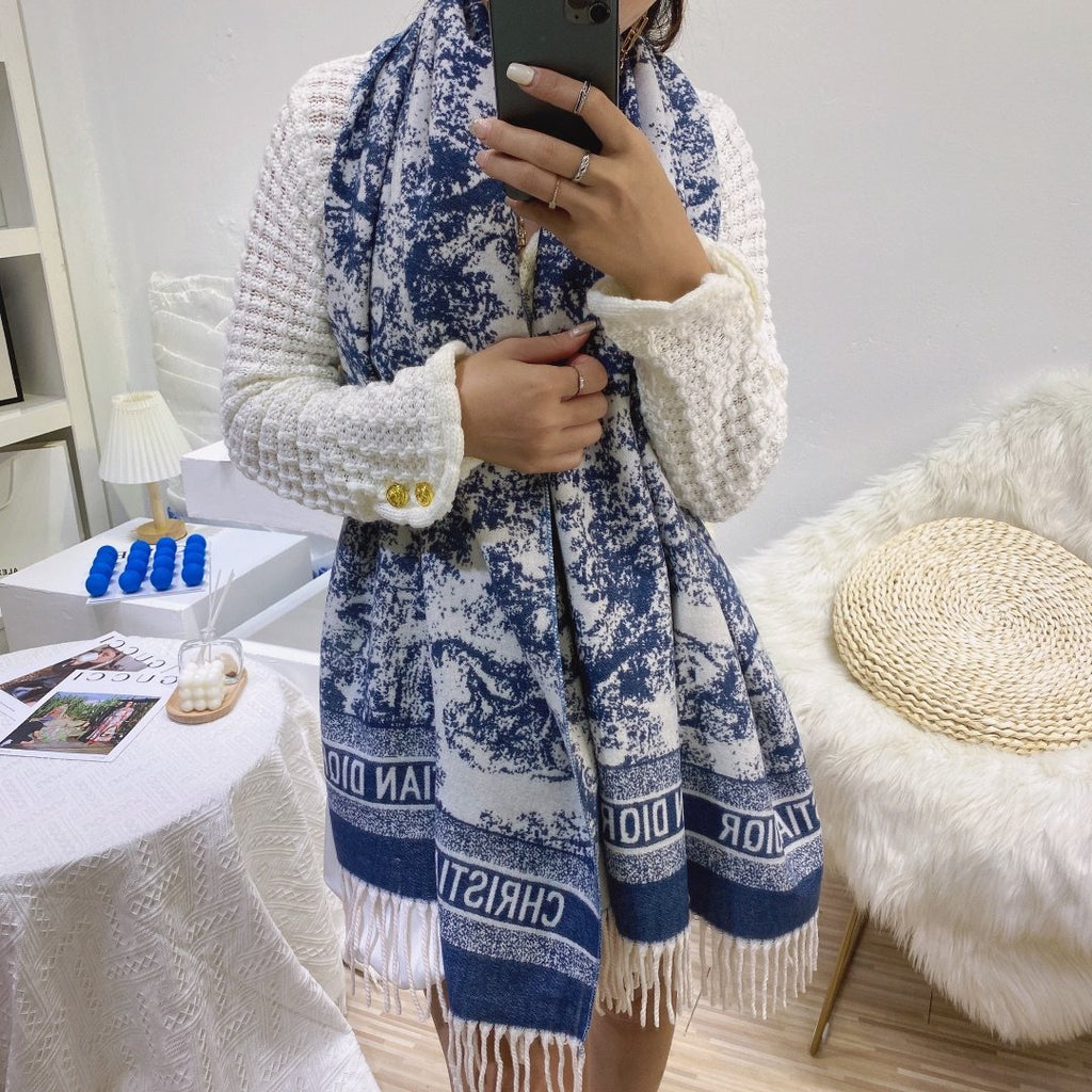 Dior Blue & White Toile Fringed Scarf product image 3, provided for visual reference and product detail review
