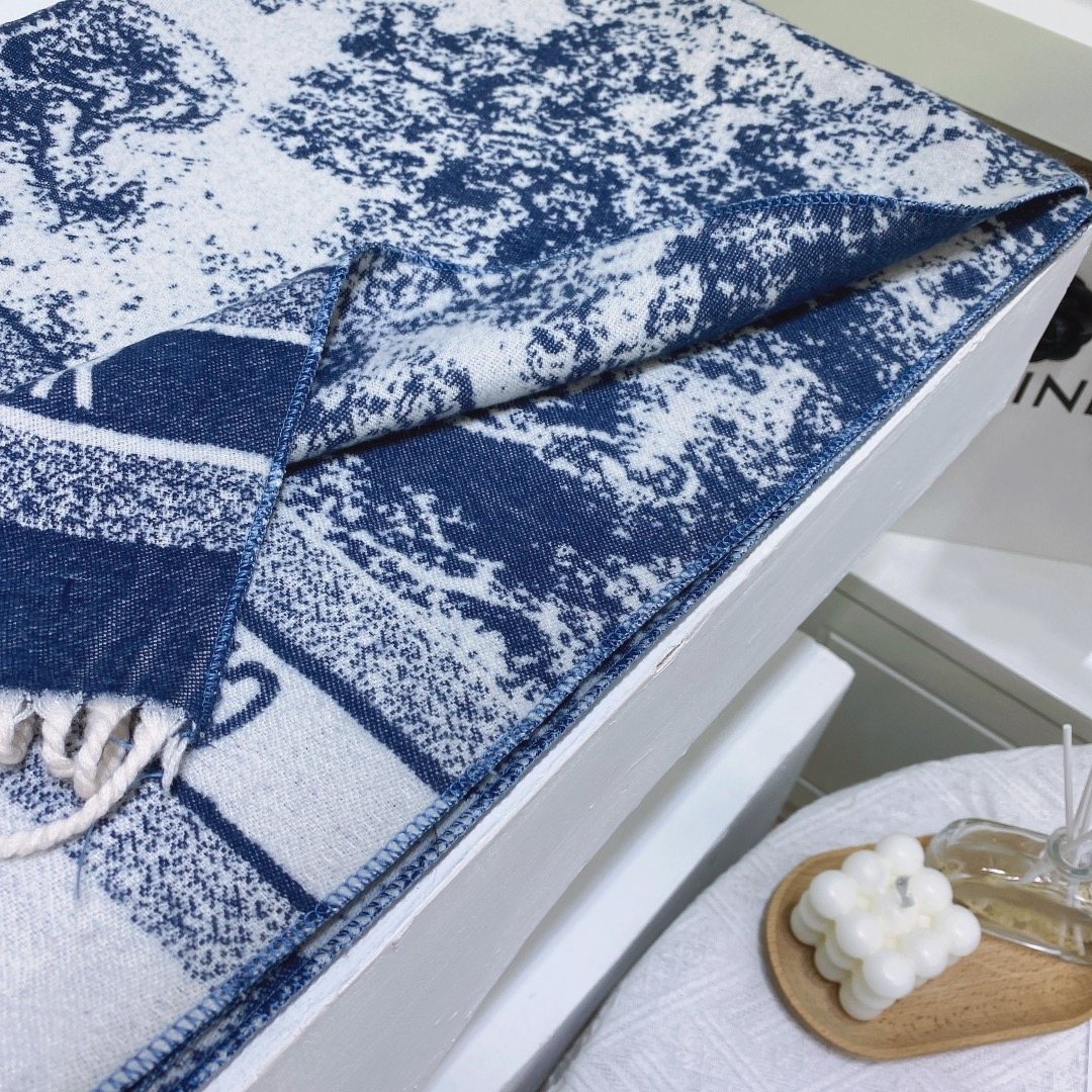 Dior Blue & White Toile Fringed Scarf product image 7, provided for visual reference and product detail review