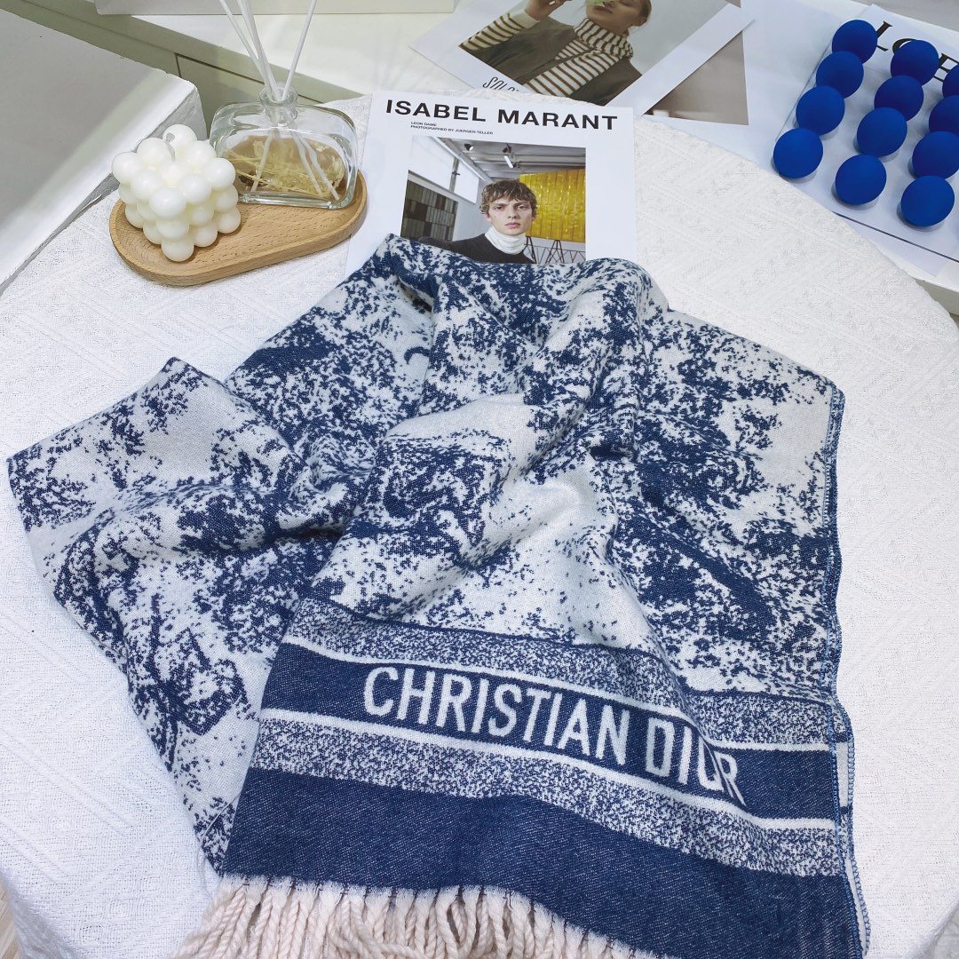 Dior Blue & White Toile Fringed Scarf product image 6, provided for visual reference and product detail review