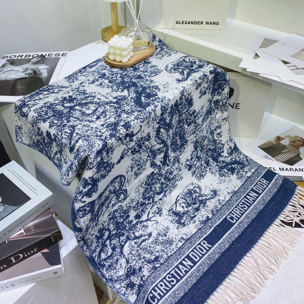 Dior Blue & White Toile Fringed Scarf product image 5, provided for visual reference and product detail review