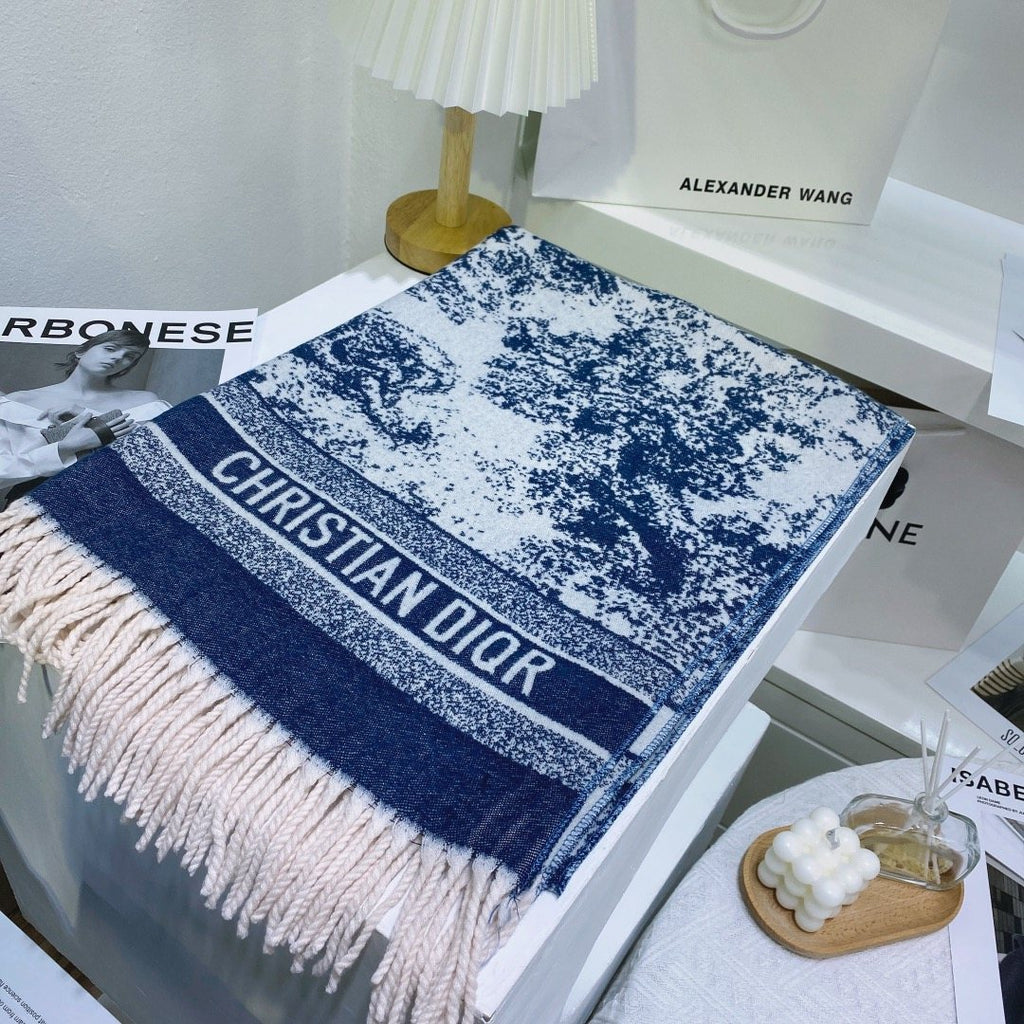 Dior Blue & White Toile Fringed Scarf product image 1, provided for visual reference and product detail review